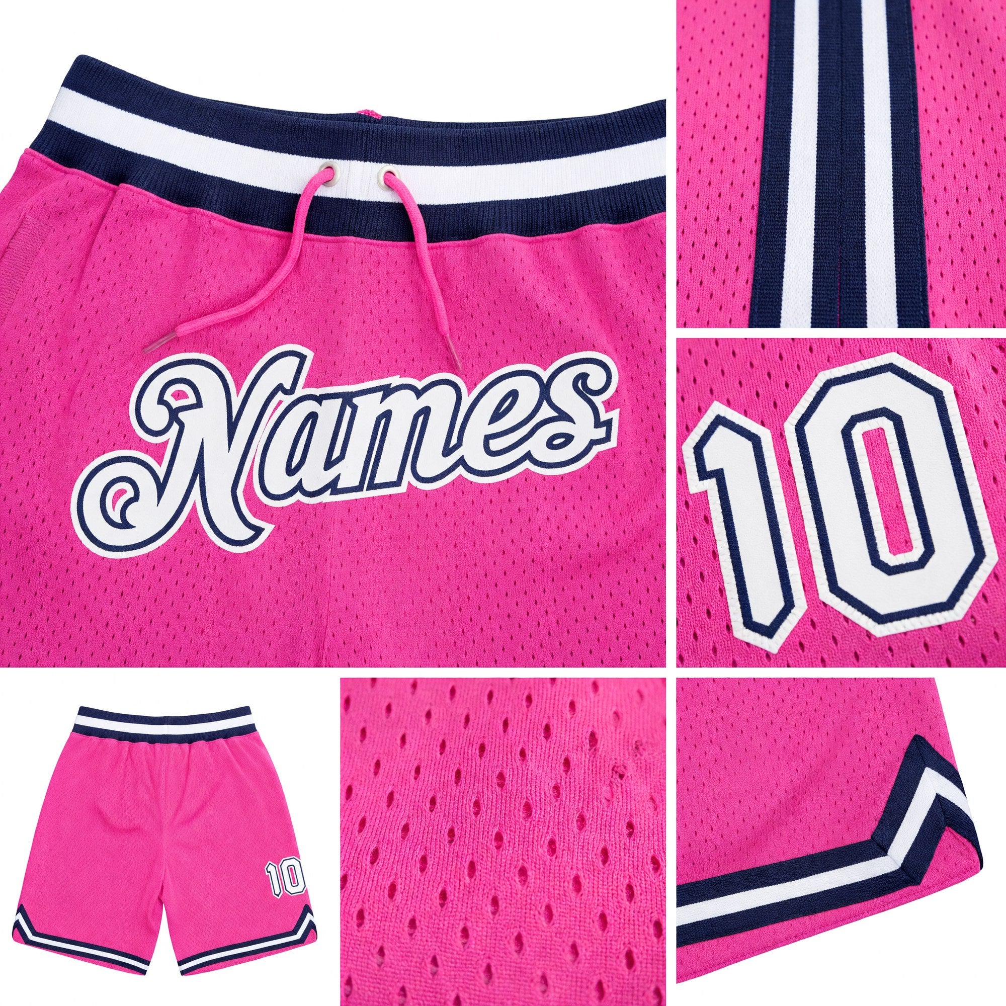 Custom Pink White-Navy Authentic Throwback Basketball Shorts detail