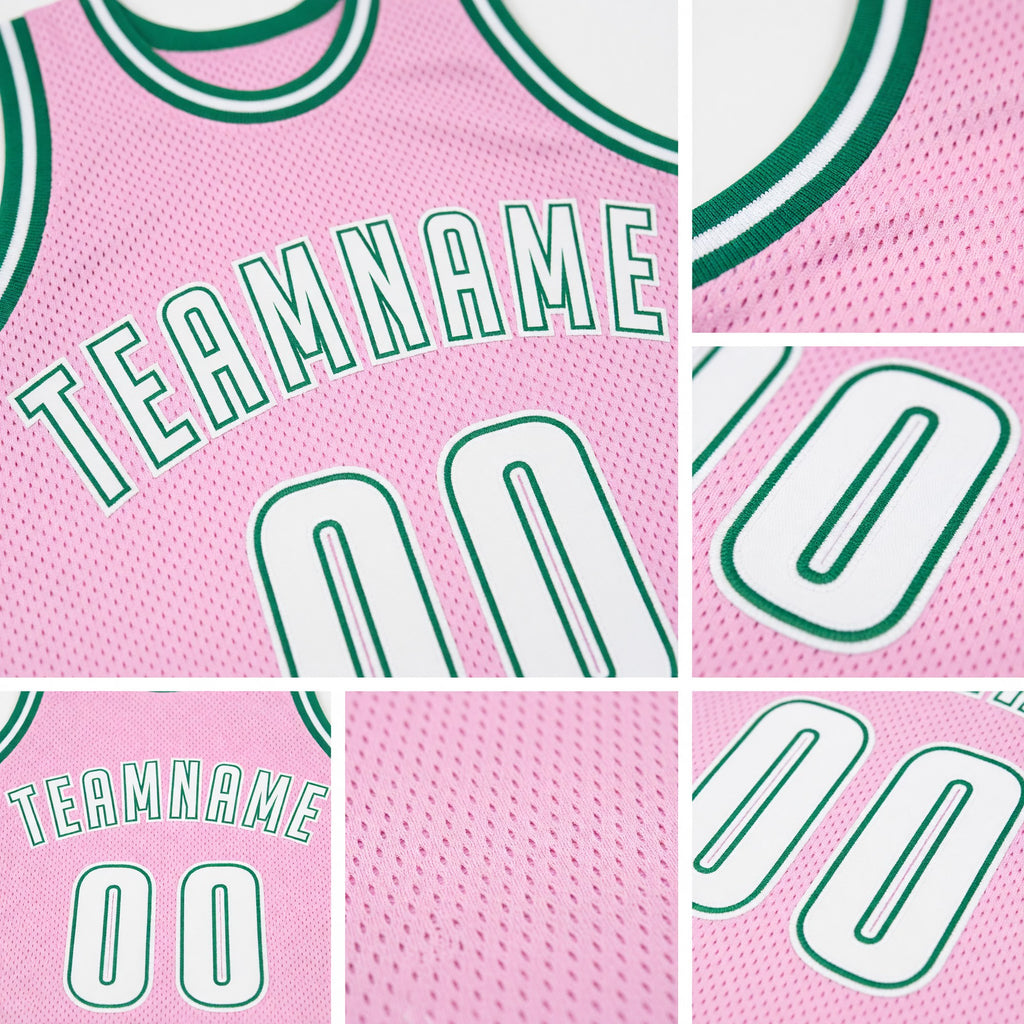 Custom Light Pink White-Kelly Green Authentic Throwback Basketball Jersey detail