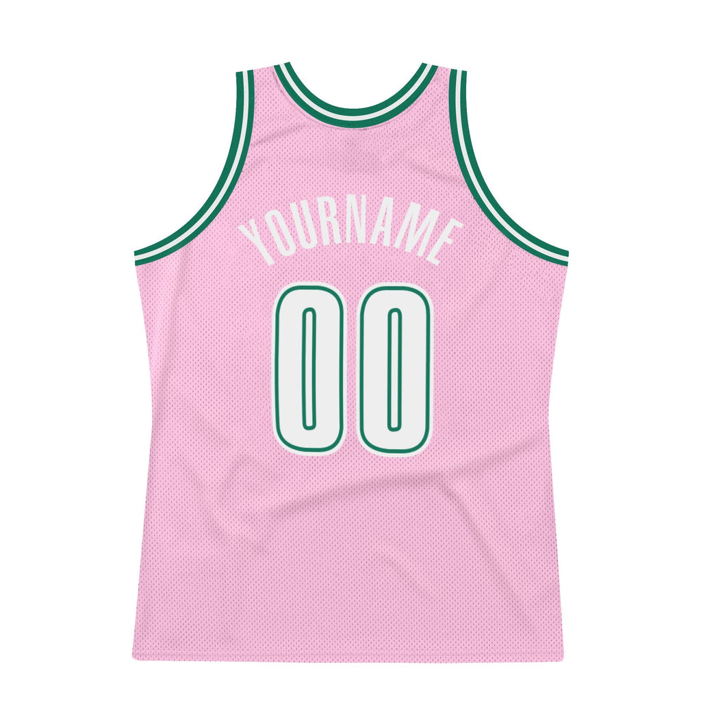 Custom Light Pink White-Kelly Green Authentic Throwback Basketball Jersey photo 5