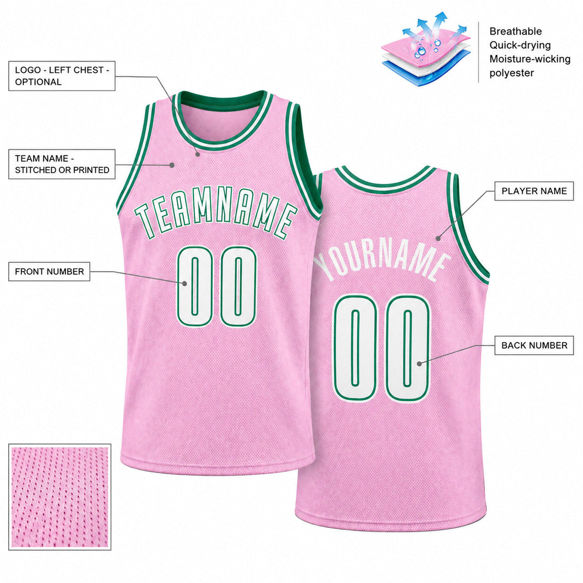 Custom Light Pink Authentic Throwback Basketball Jersey with White and Kelly Green Lettering customization guide