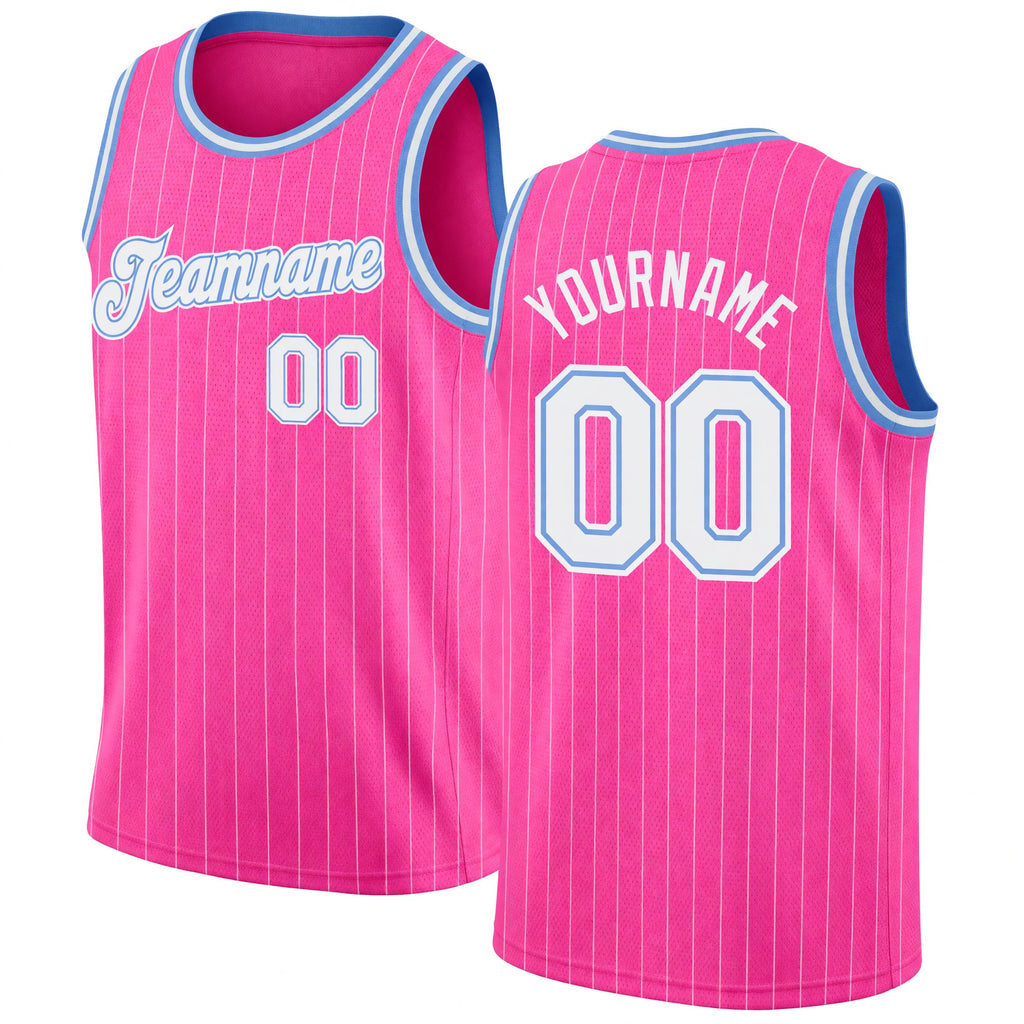 Custom Pink White Pinstripe White-Light Blue Authentic Basketball Jersey