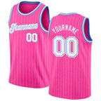 Custom Pink White Pinstripe White-Light Blue Authentic Basketball Jersey