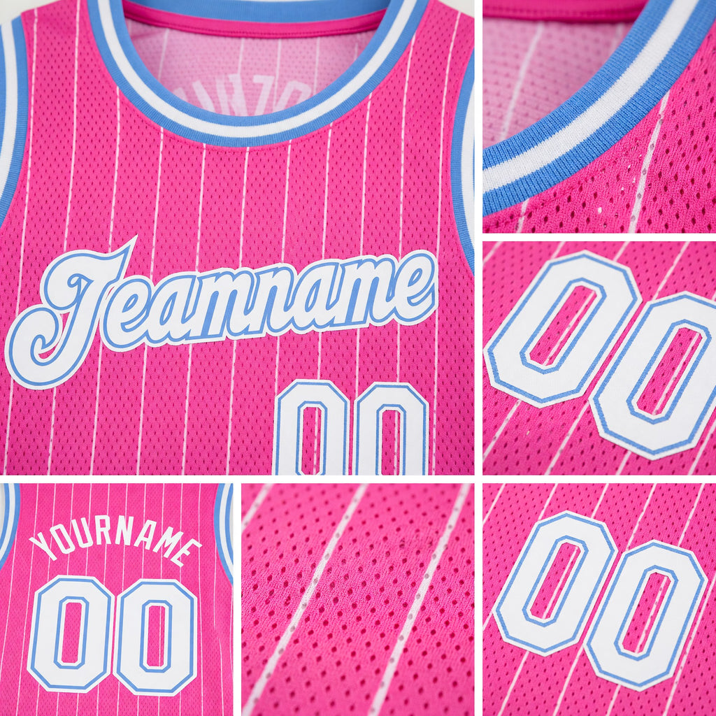 Custom Pink White Pinstripe White-Light Blue Authentic Basketball Jersey detail