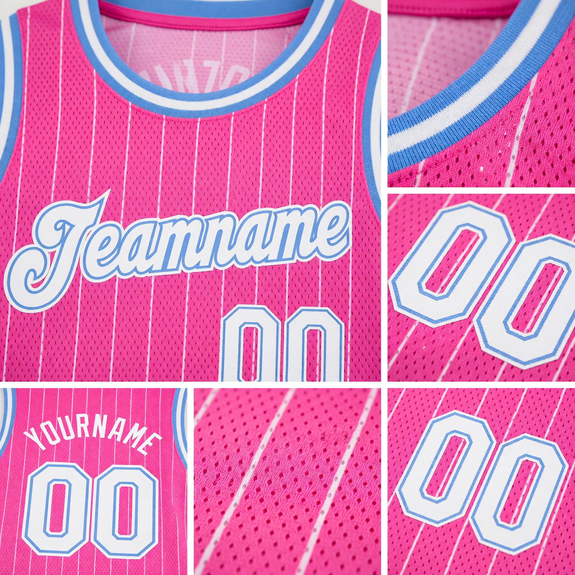 Custom Pink White Pinstripe White-Light Blue Authentic Basketball Jersey detail