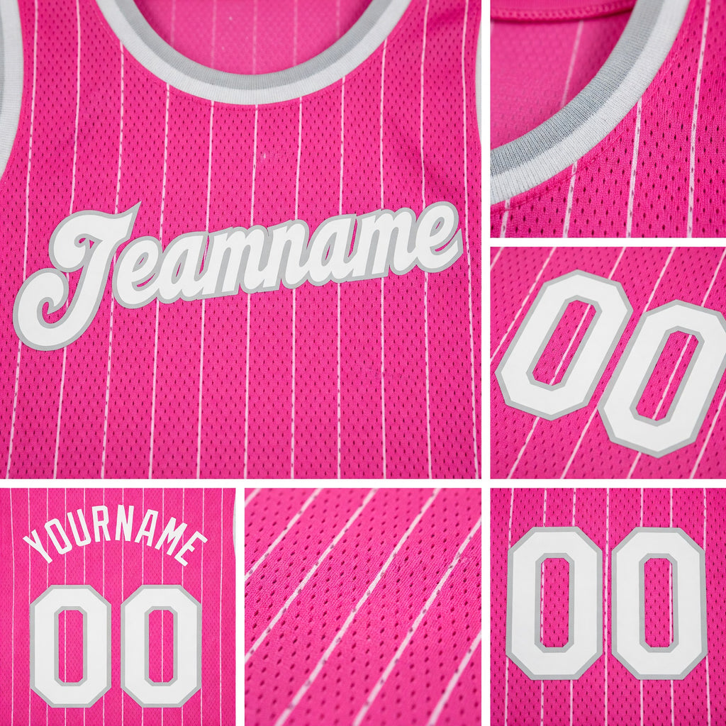Custom Pink White Pinstripe White-Gray Authentic Basketball Jersey detail