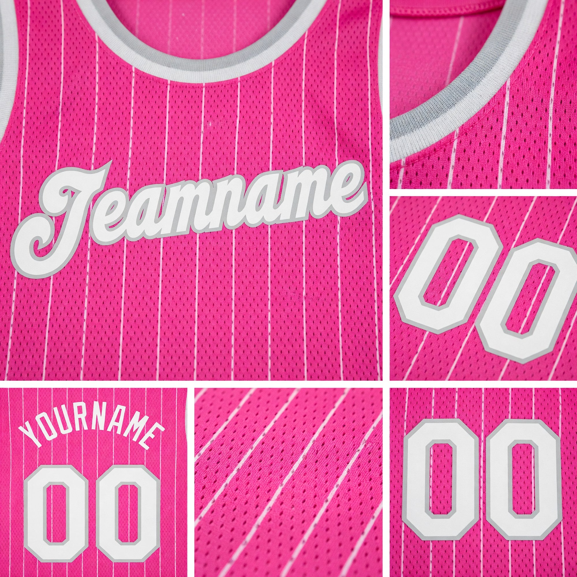 Custom Pink White Pinstripe White-Gray Authentic Basketball Jersey detail