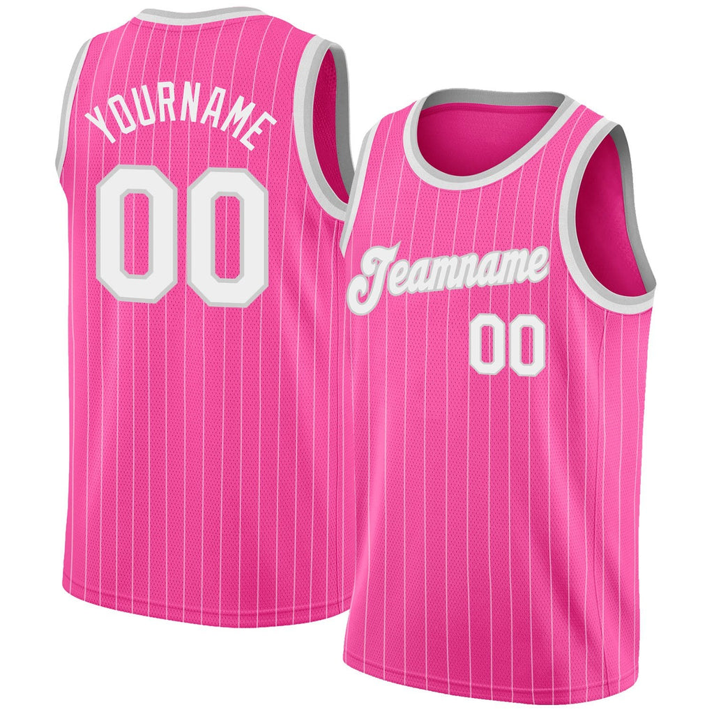 Custom Pink White Pinstripe White-Gray Authentic Basketball Jersey photo 1