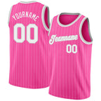 Custom Pink White Pinstripe White-Gray Authentic Basketball Jersey photo 1