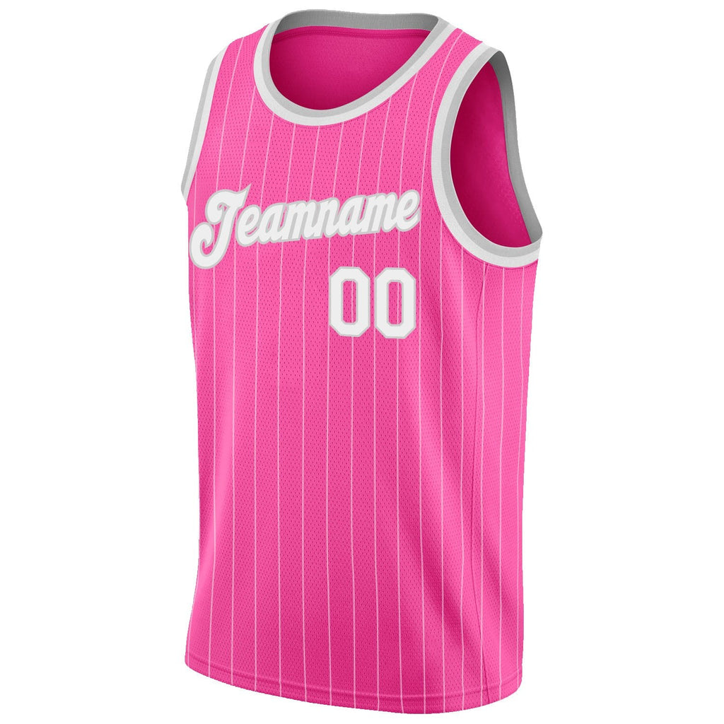 Custom Pink White Pinstripe White-Gray Authentic Basketball Jersey photo 4