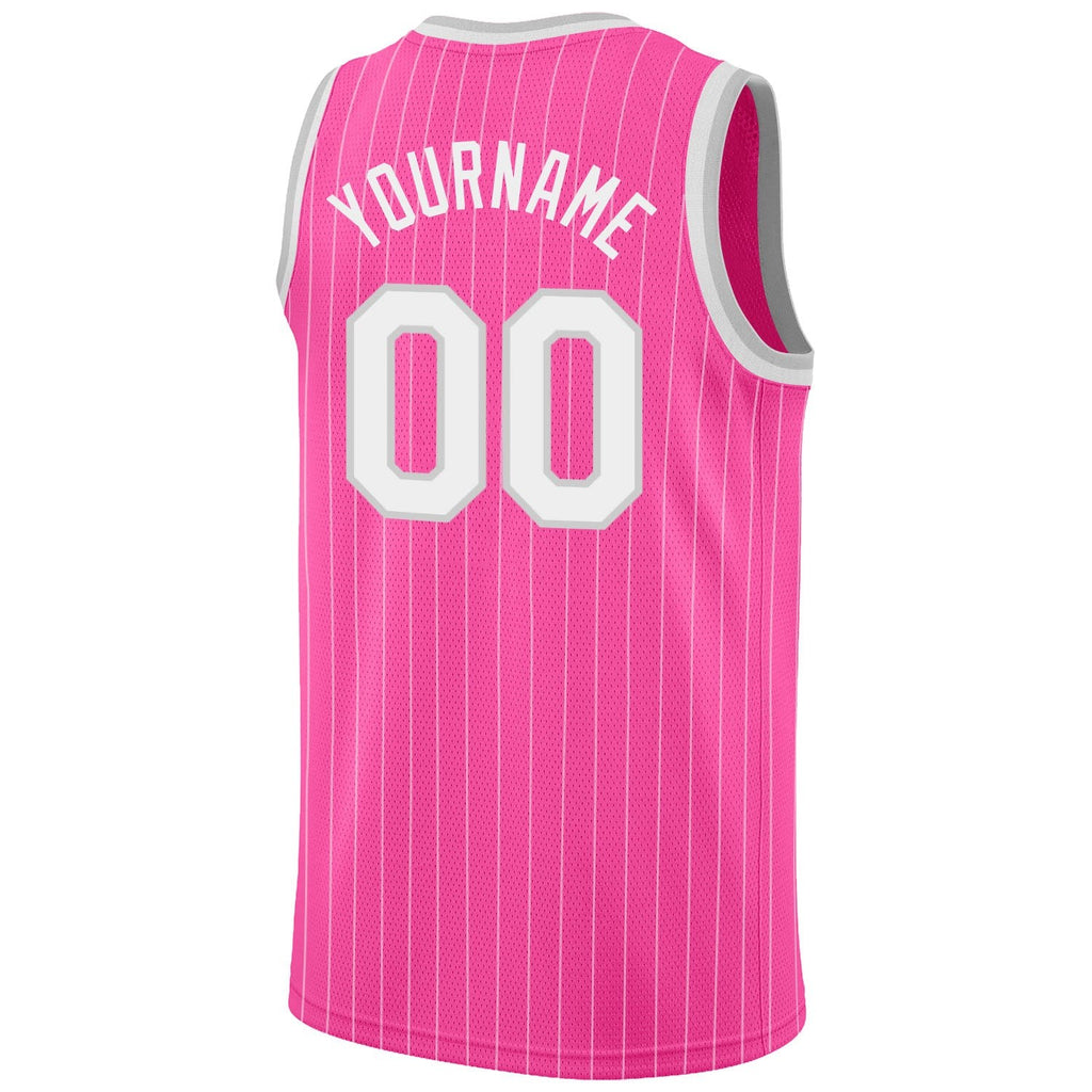 Custom Pink White Pinstripe White-Gray Authentic Basketball Jersey photo 5