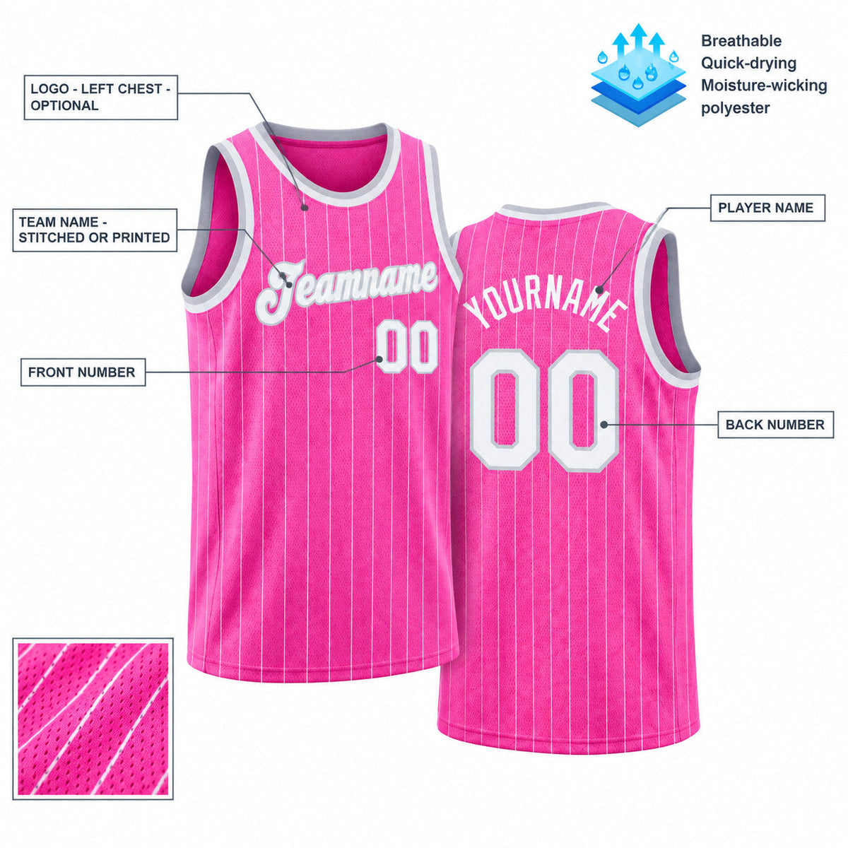 Custom Pink and White Pinstripe Authentic Basketball Jersey with White and Gray Lettering customization guide