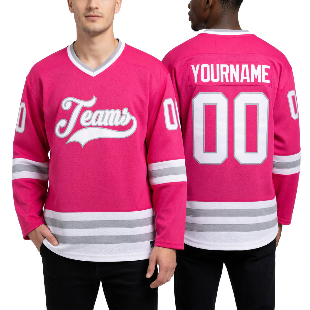Custom Pink White-Gray Hockey Jersey worn front and back