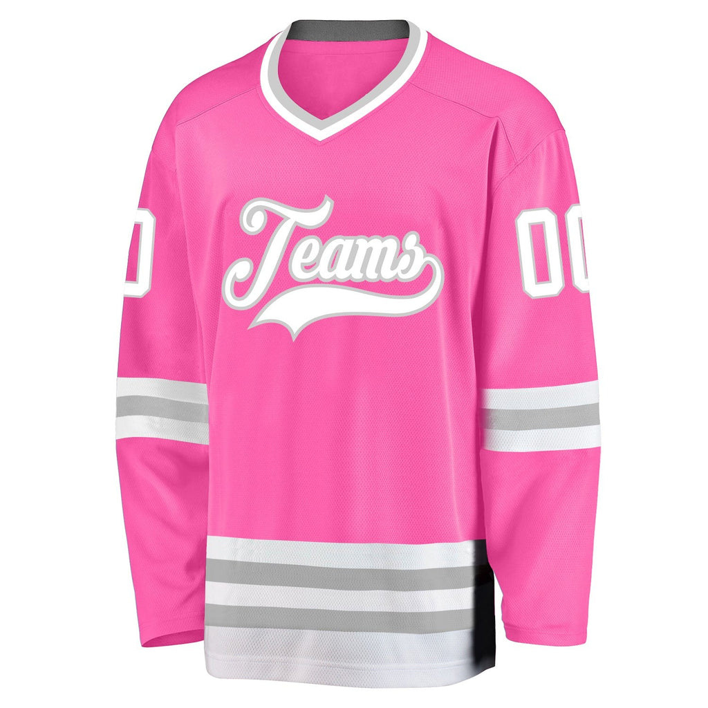 Custom Pink White-Gray Hockey Jersey photo 2