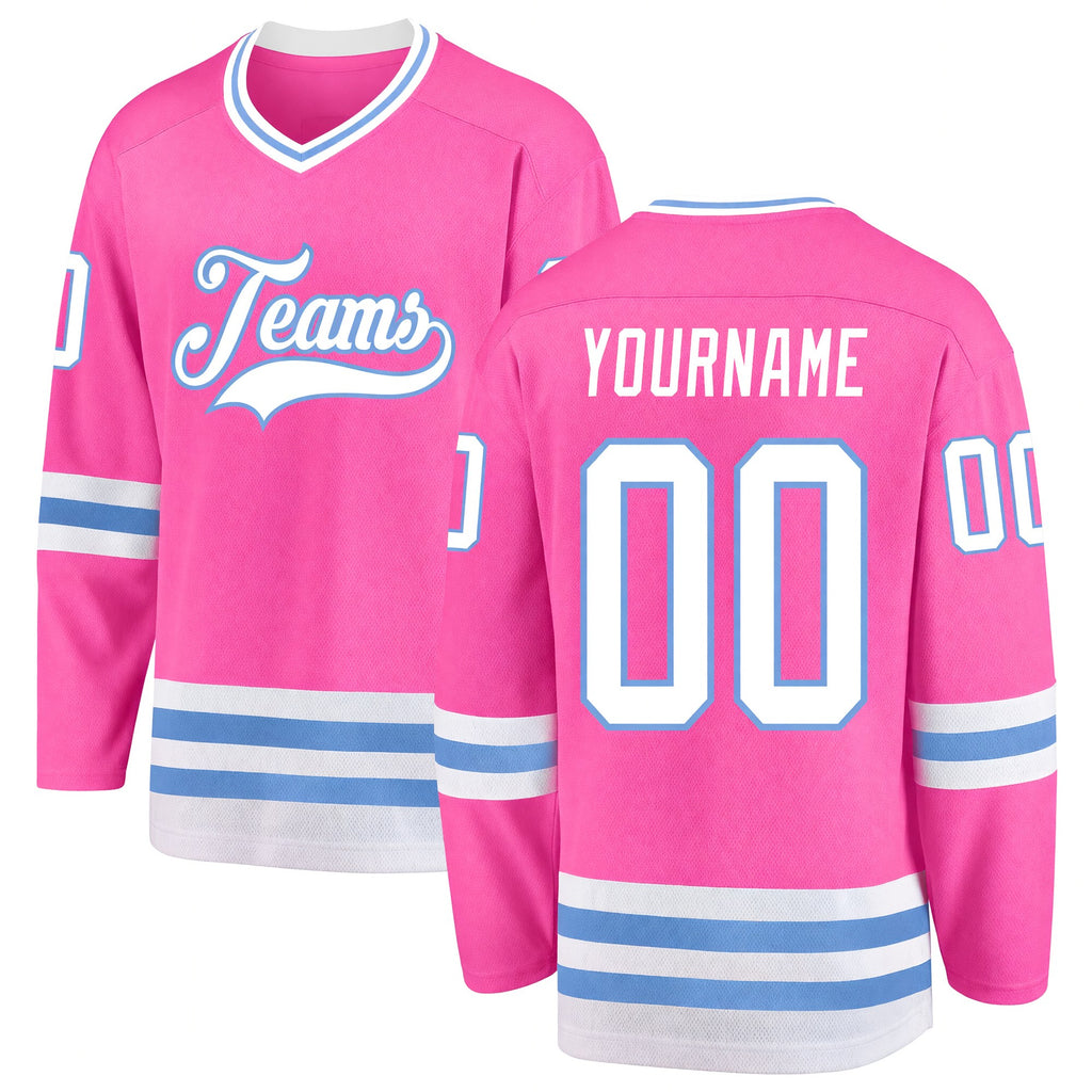 Custom Pink White-Light Blue Hockey Jersey