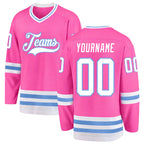 Custom Pink White-Light Blue Hockey Jersey