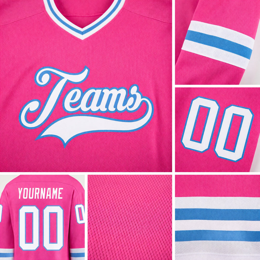 Custom Pink White-Light Blue Hockey Jersey detail