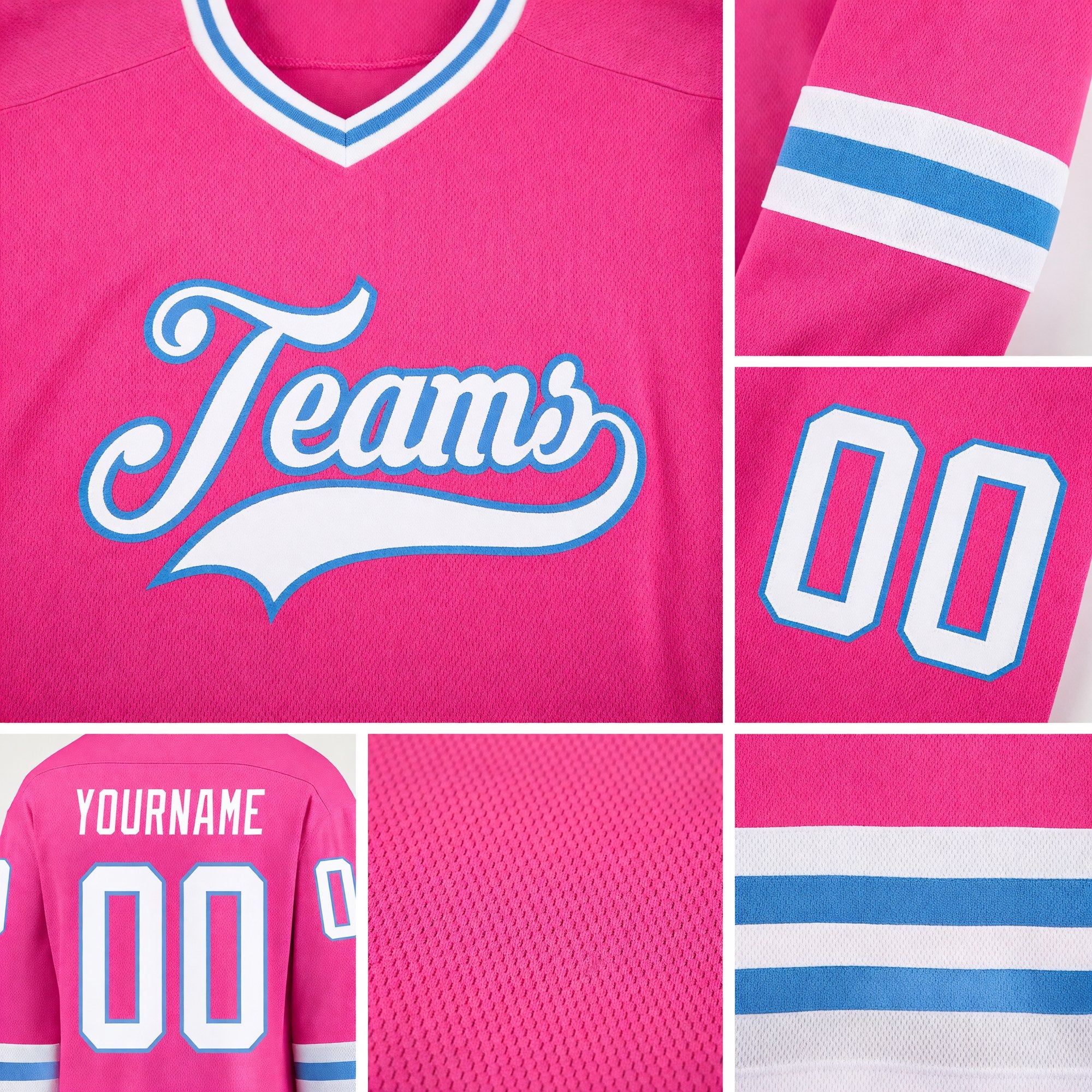 Custom Pink White-Light Blue Hockey Jersey detail