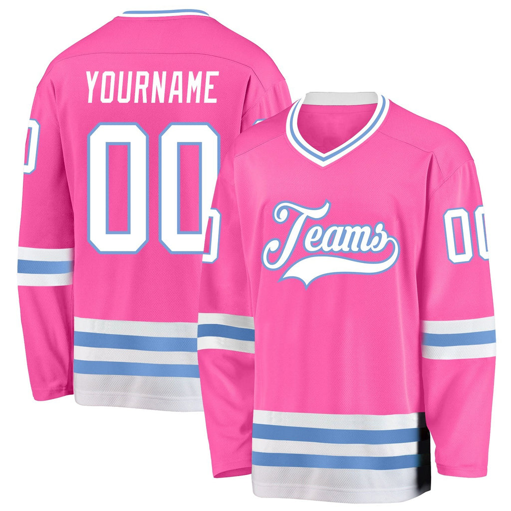 Custom Pink White-Light Blue Hockey Jersey photo 1
