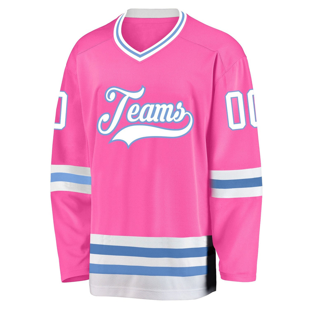 Custom Pink White-Light Blue Hockey Jersey photo 2