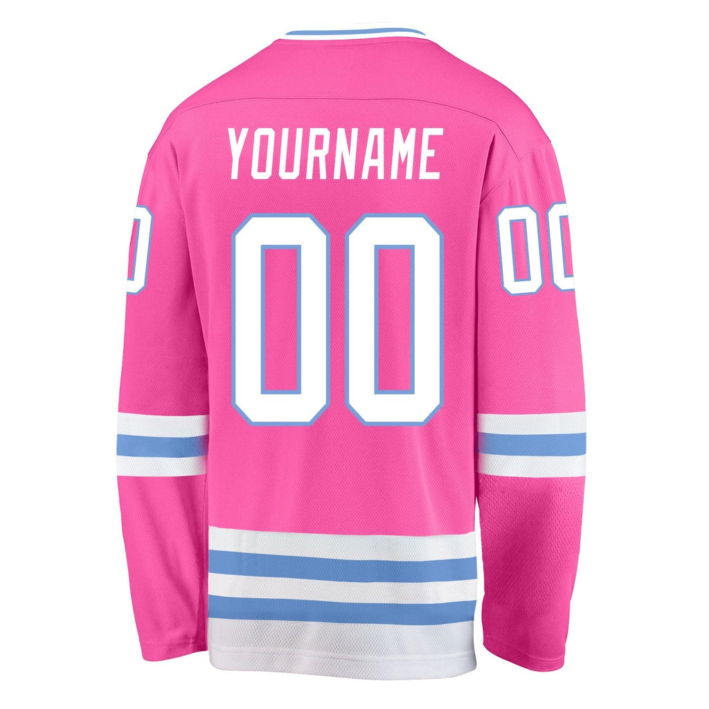 Custom Pink White-Light Blue Hockey Jersey photo 3