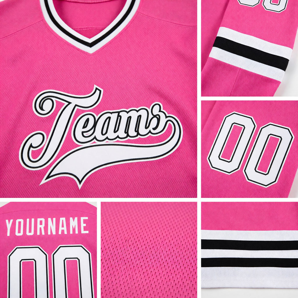 Custom Pink White-Black Hockey Jersey detail