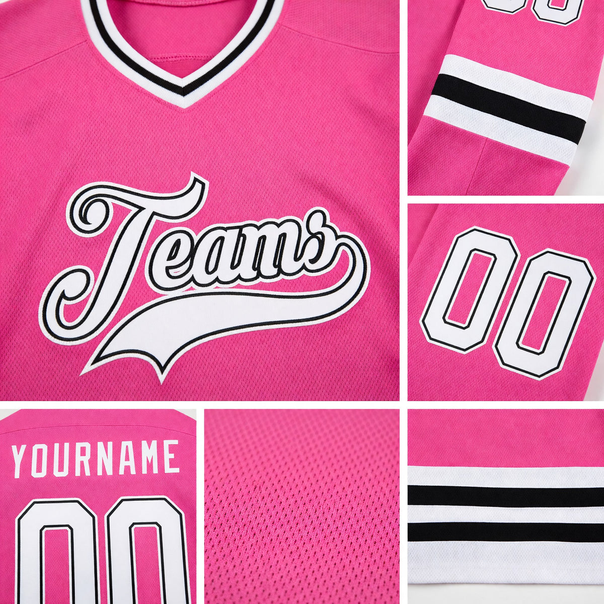 Custom Pink White-Black Hockey Jersey detail