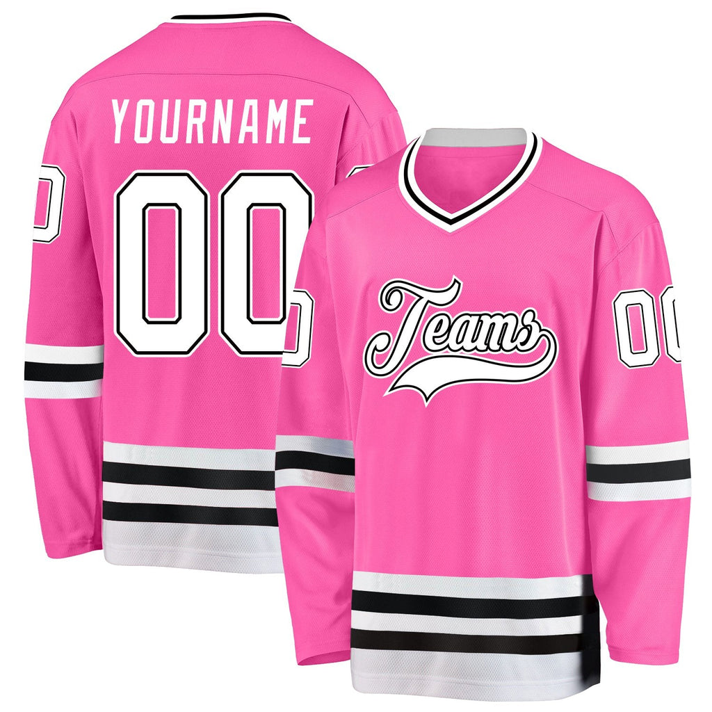 Custom Pink White-Black Hockey Jersey photo 1