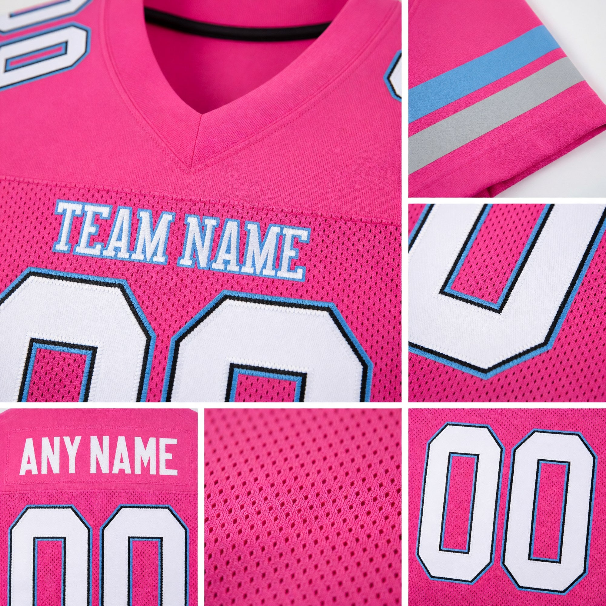 Custom Pink White-Light Blue Mesh Authentic Football Jersey detail