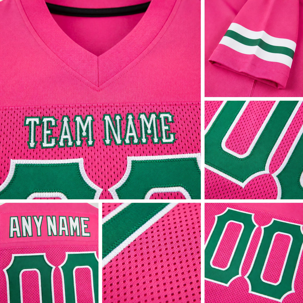 Custom Pink Kelly Green-White Mesh Authentic Football Jersey detail