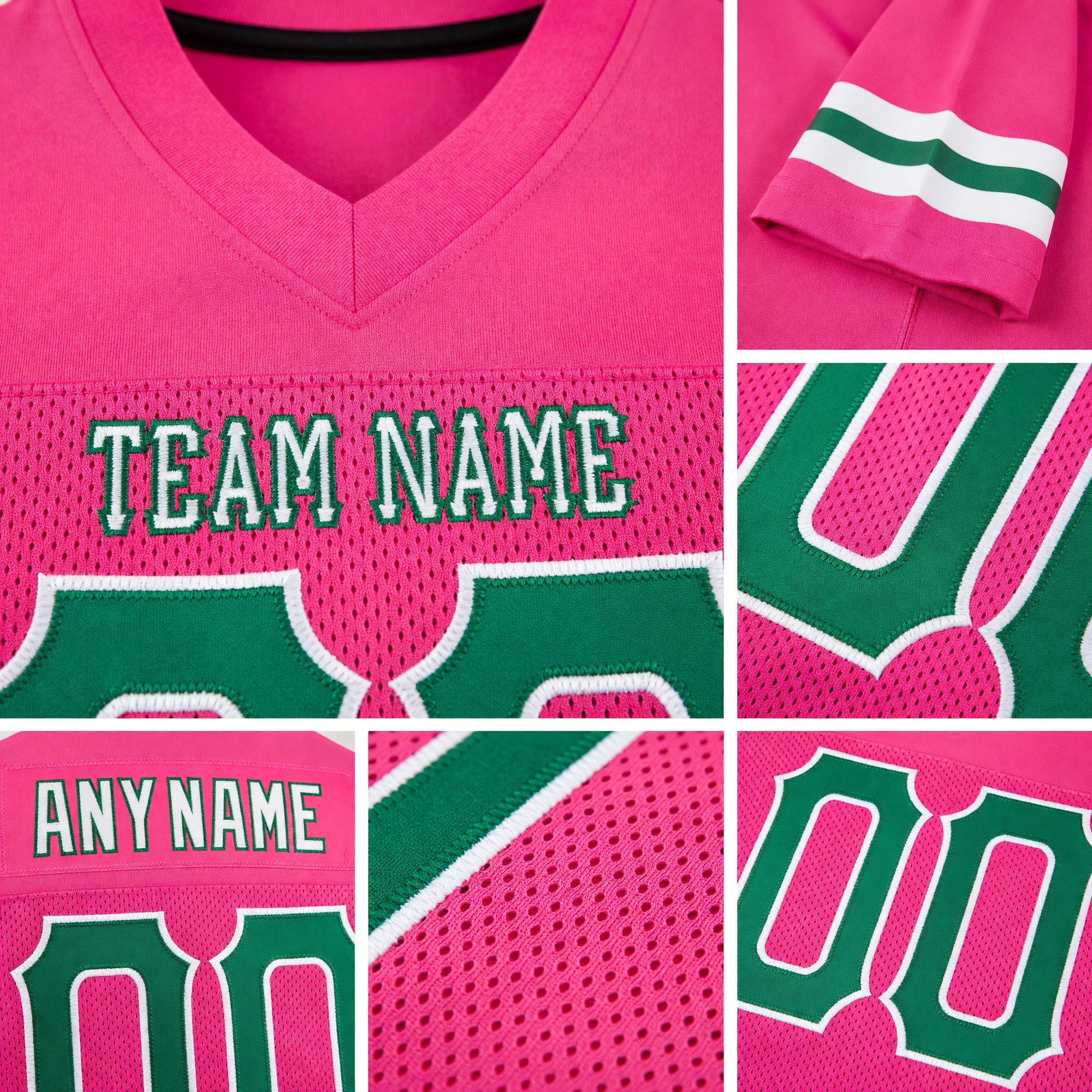 Custom Pink Kelly Green-White Mesh Authentic Football Jersey detail