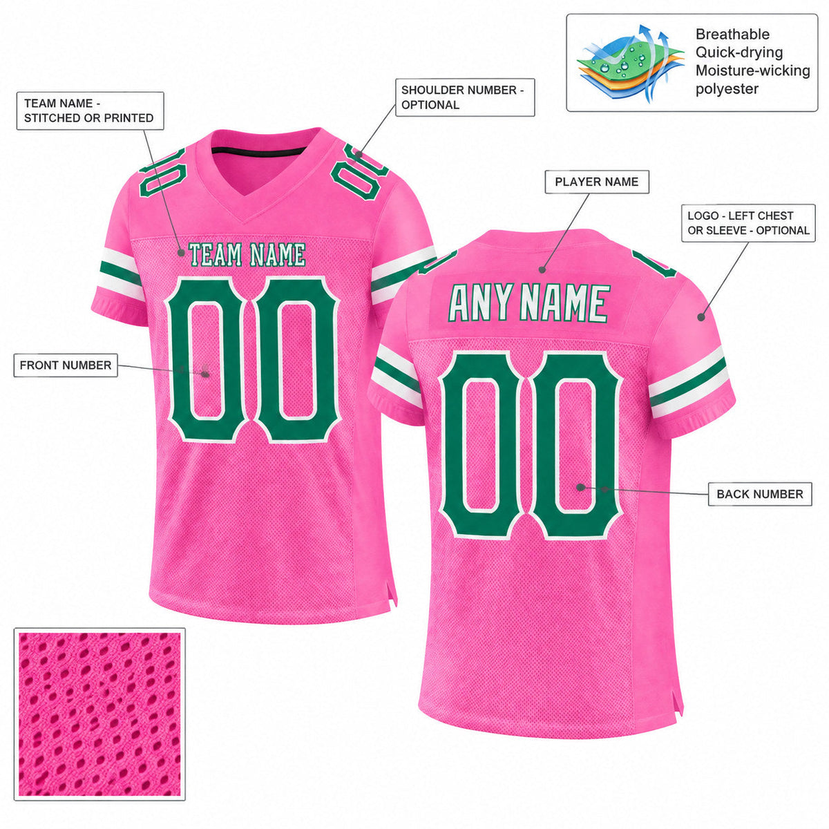 Custom Pink Mesh Authentic Football Jersey with Kelly Green and White Lettering Design 0090 customization guide