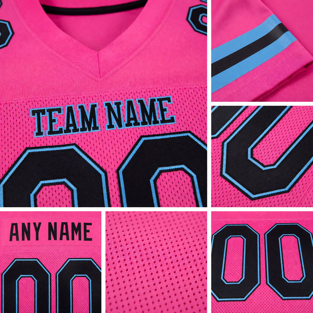 Custom Pink Black-Light Blue Mesh Authentic Football Jersey detail