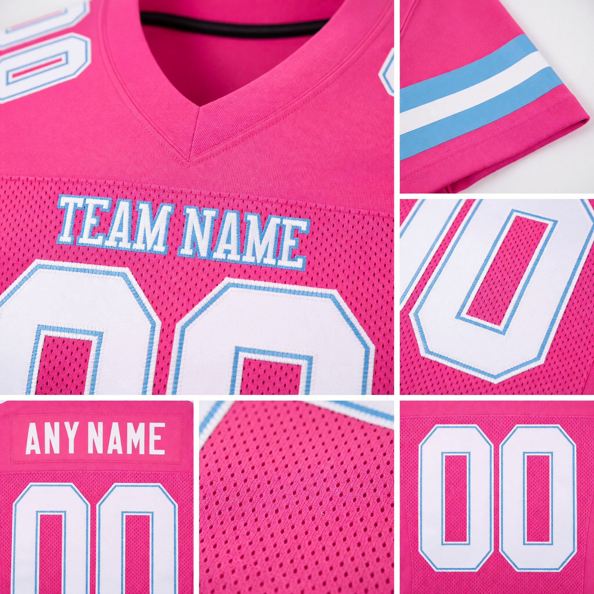 Custom Pink White-Light Blue Mesh Authentic Football Jersey detail