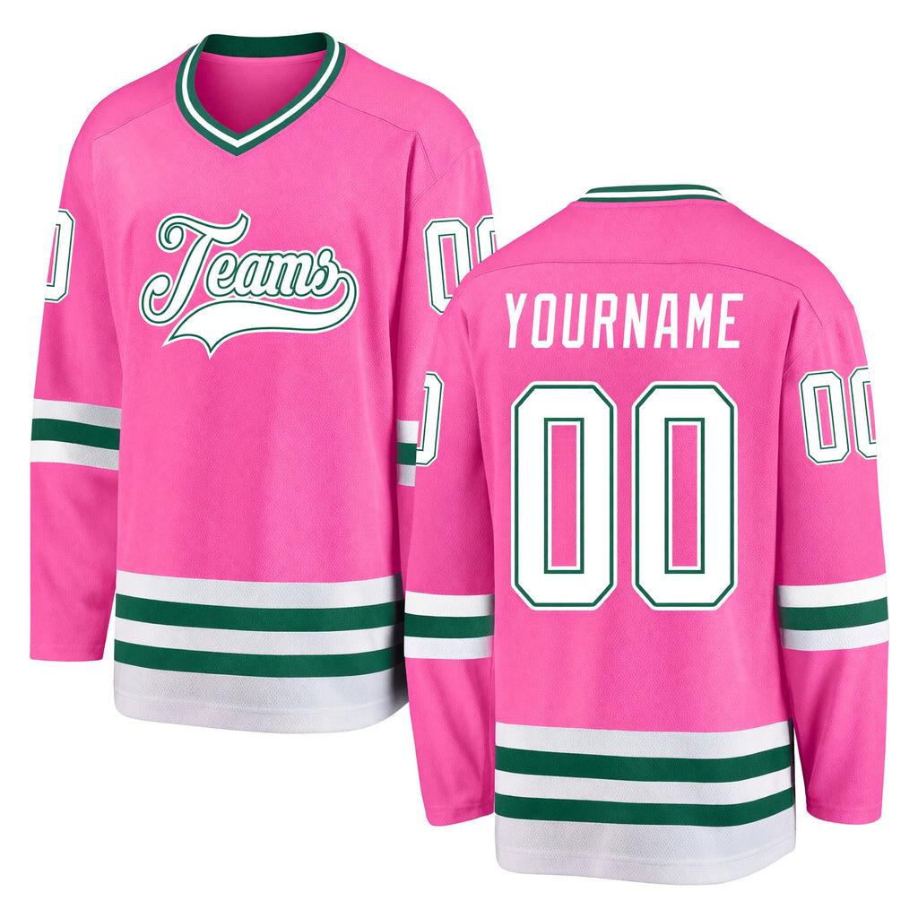 Custom Pink White-Kelly Green Hockey Jersey