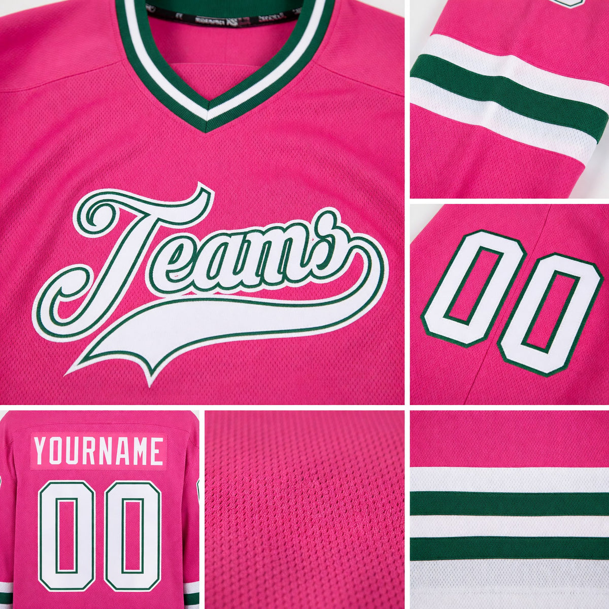Custom Pink White-Kelly Green Hockey Jersey detail