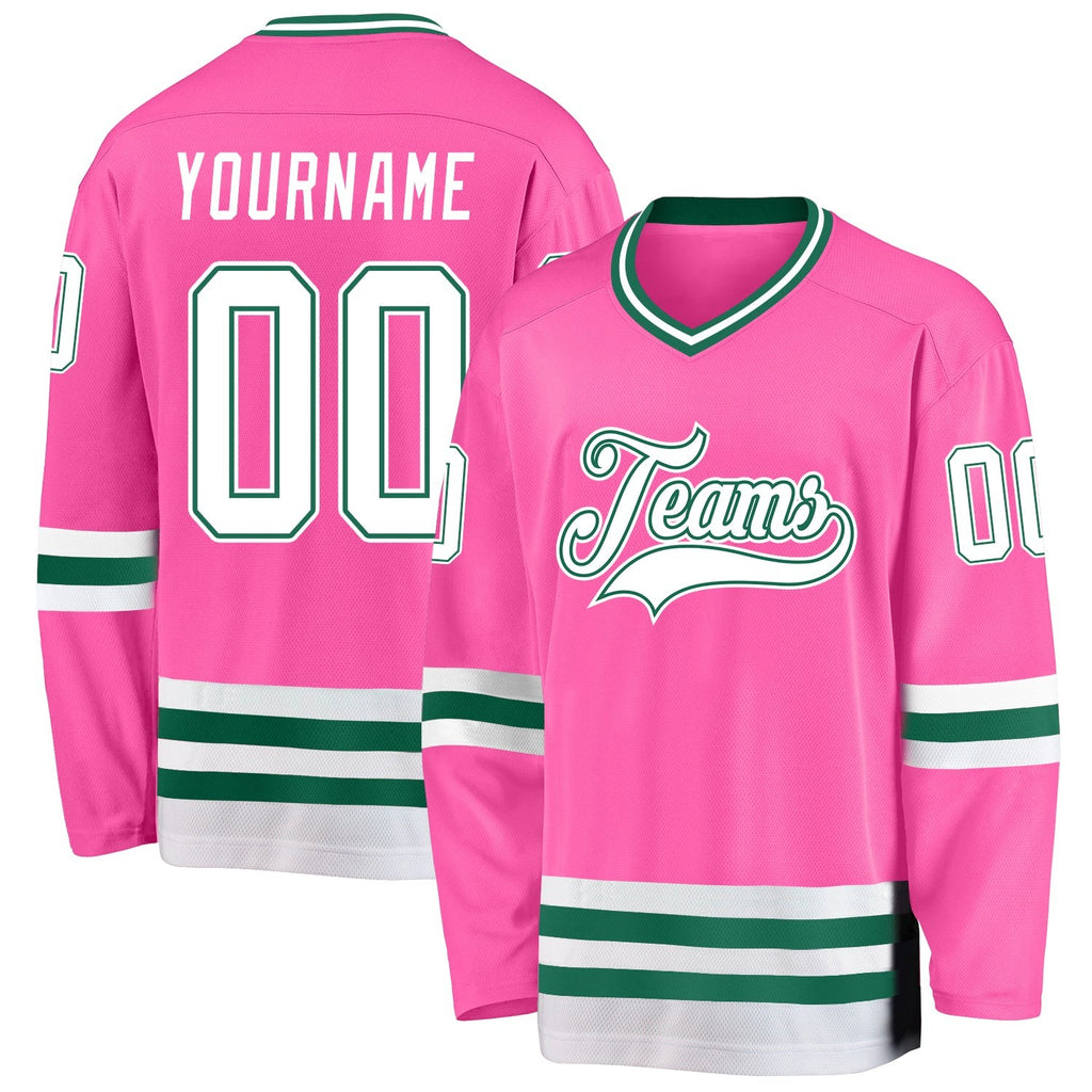Custom Pink White-Kelly Green Hockey Jersey photo 1