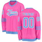 Custom Pink Light Blue-White Hockey Jersey