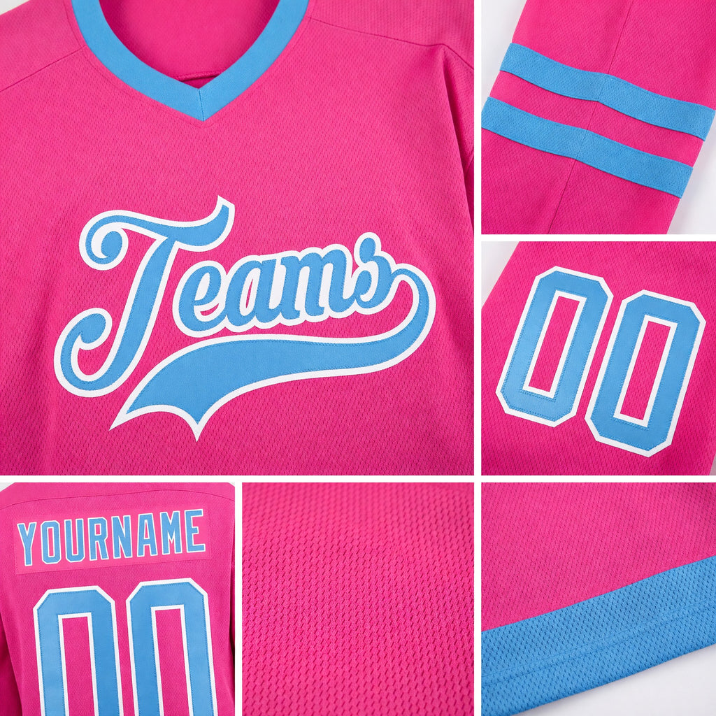 Custom Pink Light Blue-White Hockey Jersey detail