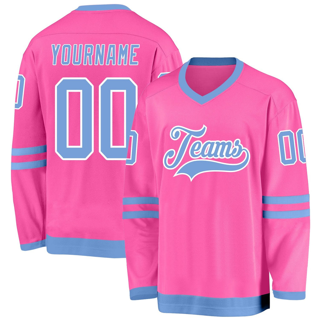 Custom Pink Light Blue-White Hockey Jersey photo 1