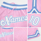 Custom Light Pink White-Light Blue Authentic Throwback Basketball Shorts detail