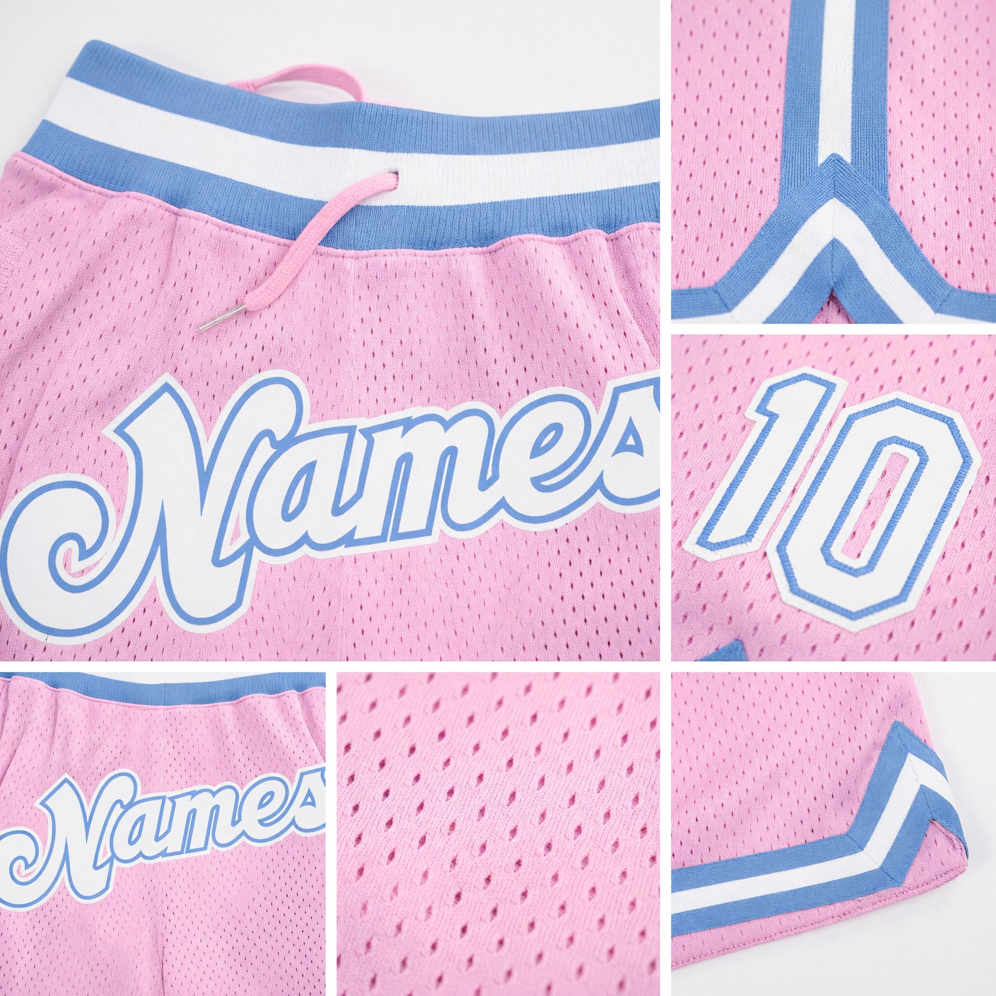 Custom Light Pink White-Light Blue Authentic Throwback Basketball Shorts detail
