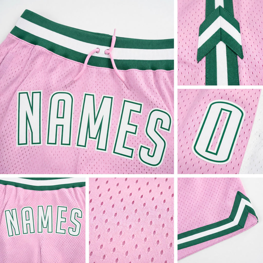 Custom Light Pink White-Kelly Green Authentic Throwback Basketball Shorts detail
