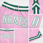 Custom Light Pink White-Kelly Green Authentic Throwback Basketball Shorts detail