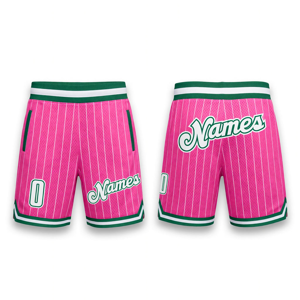 Custom Pink White Pinstripe White-Kelly Green Authentic Basketball Shorts