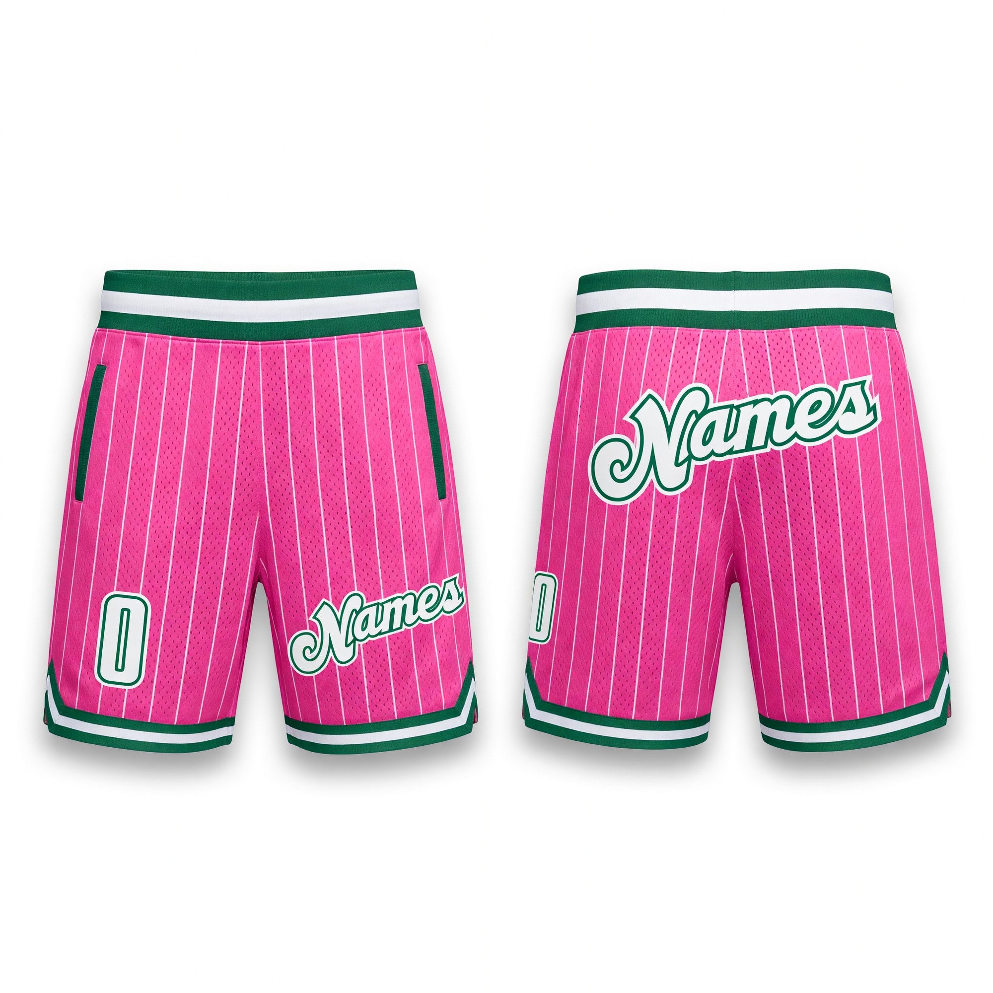 Custom Pink White Pinstripe White-Kelly Green Authentic Basketball Shorts