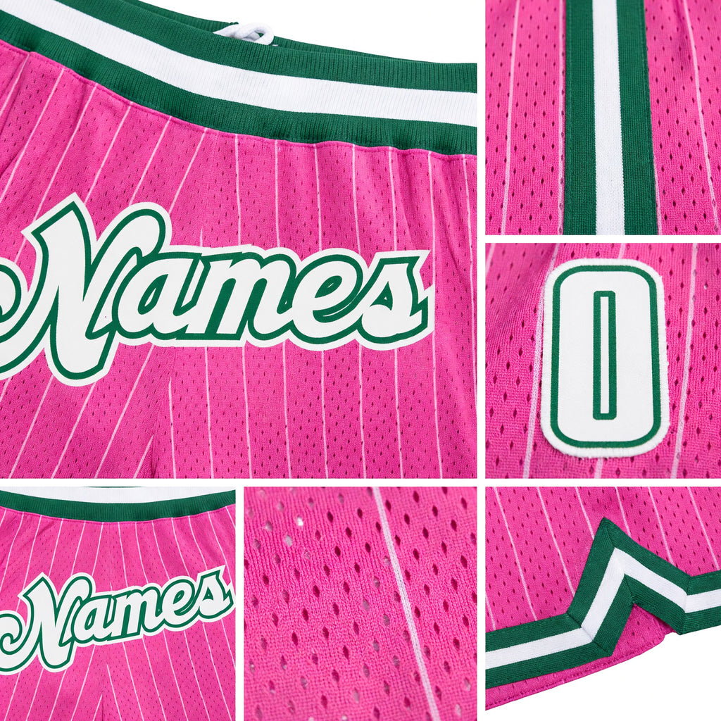Custom Pink White Pinstripe White-Kelly Green Authentic Basketball Shorts detail