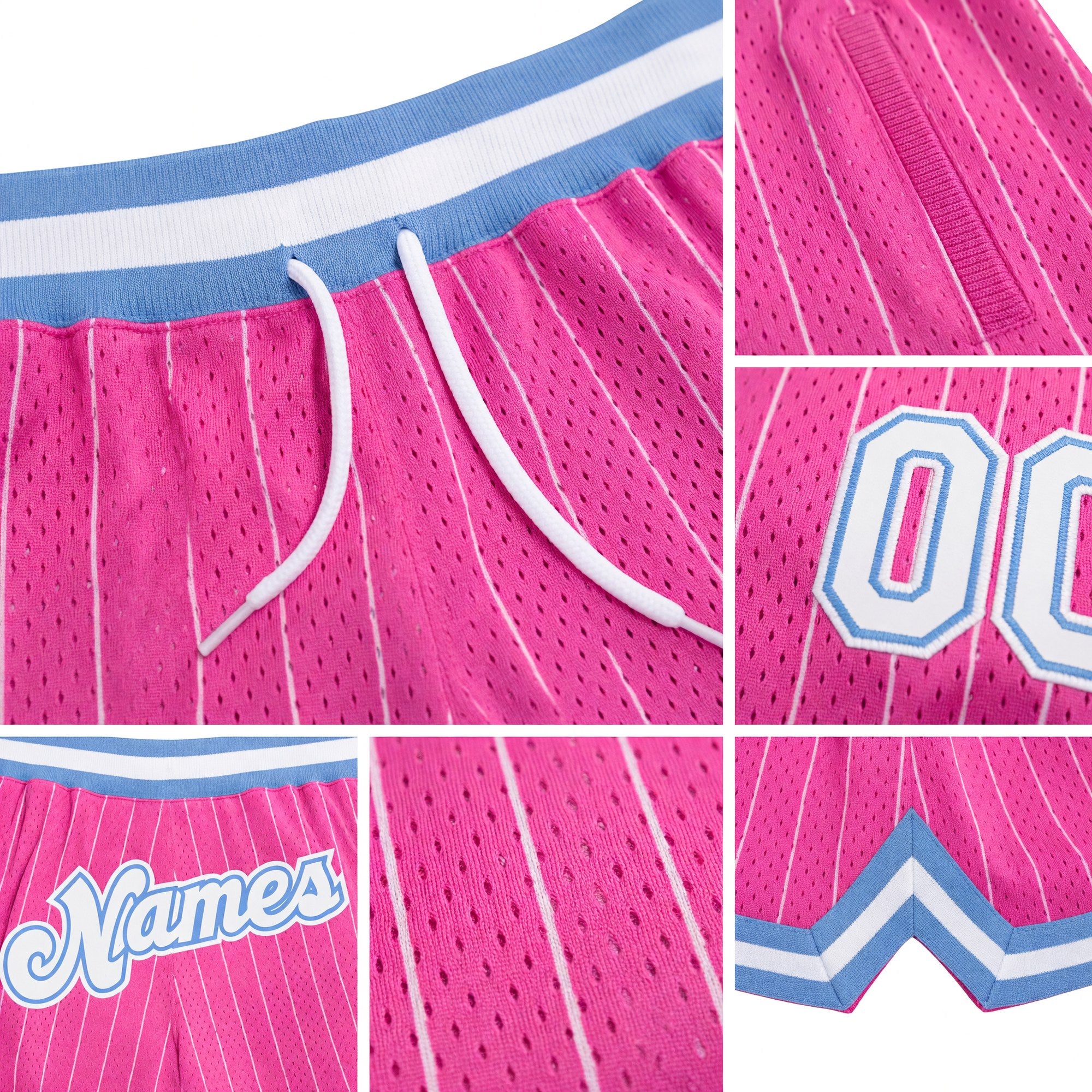 Custom Pink White Pinstripe White-Light Blue Authentic Basketball Shorts detail