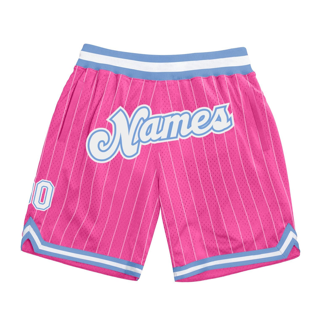 Custom Pink White Pinstripe White-Light Blue Authentic Basketball Shorts photo 1