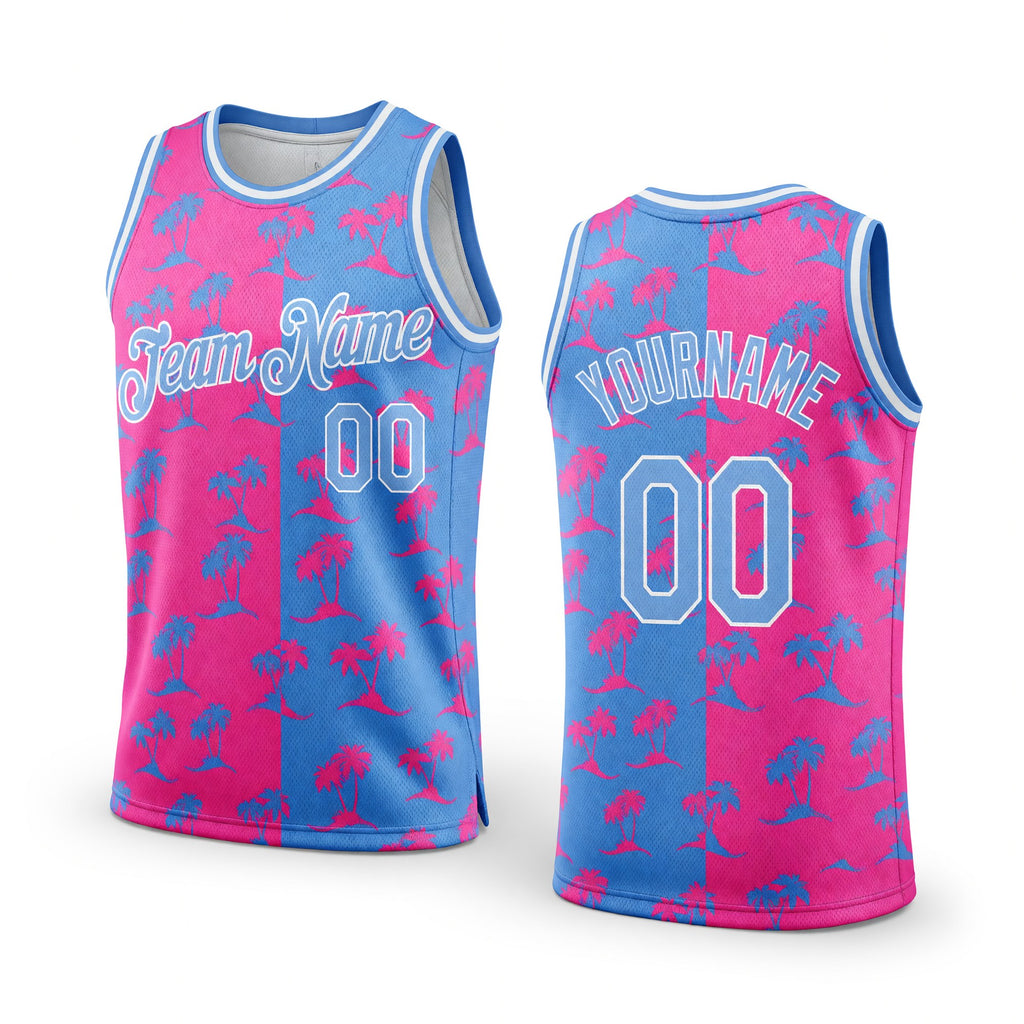 Custom Pink Light Blue-White 3D Pattern Hawaii Palm Trees Authentic Basketball Jersey