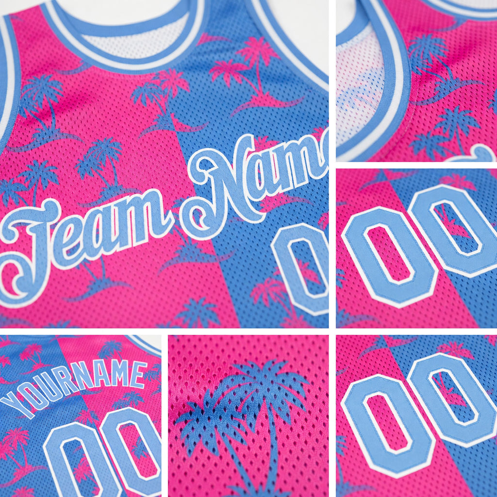 Custom Pink Light Blue-White 3D Pattern Hawaii Palm Trees Authentic Basketball Jersey detail